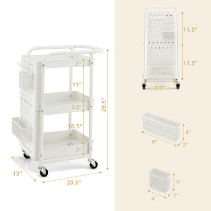 Rolling 3 Tier Utility Storage Cart with Pegboard Hooks Baskets and Handle - White