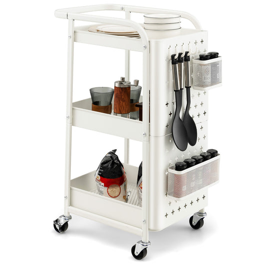 Rolling 3 Tier Utility Storage Cart with Pegboard Hooks Baskets and Handle - White