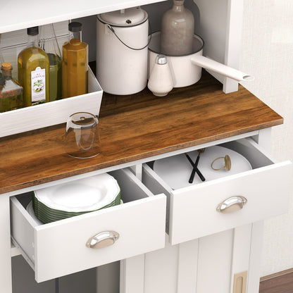 Modern Kitchen Pantry Cabinet with Hutch Storage Sliding Doors and Drawers