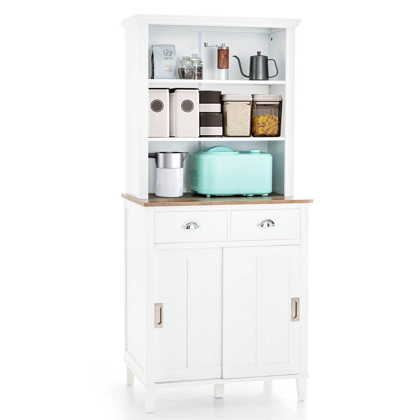 Modern Kitchen Pantry Cabinet with Hutch Storage Sliding Doors and Drawers