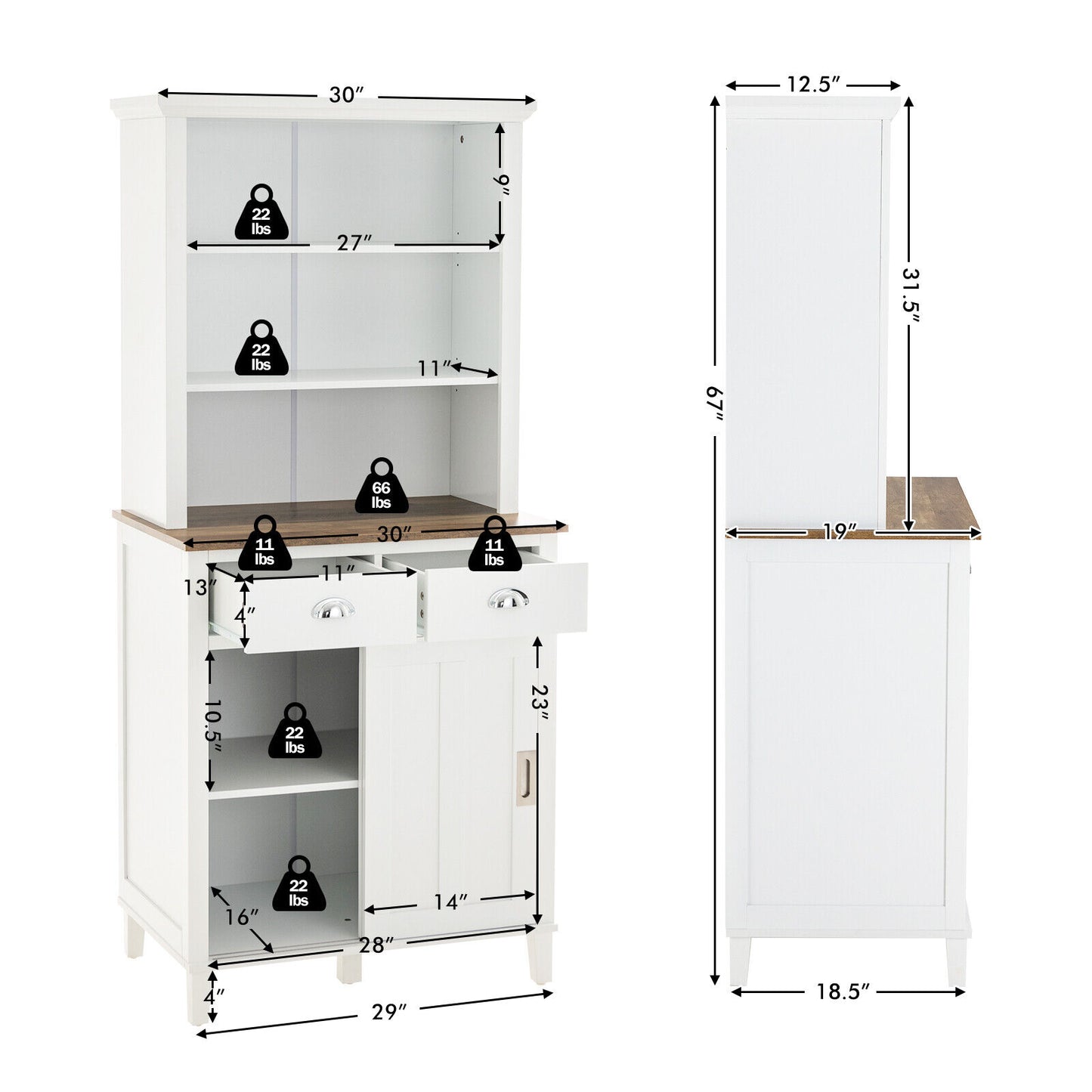 Modern Kitchen Pantry Cabinet with Hutch Storage Sliding Doors and Drawers