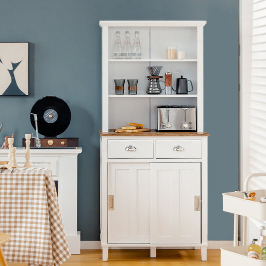 Modern Kitchen Pantry Cabinet with Hutch Storage Sliding Doors and Drawers