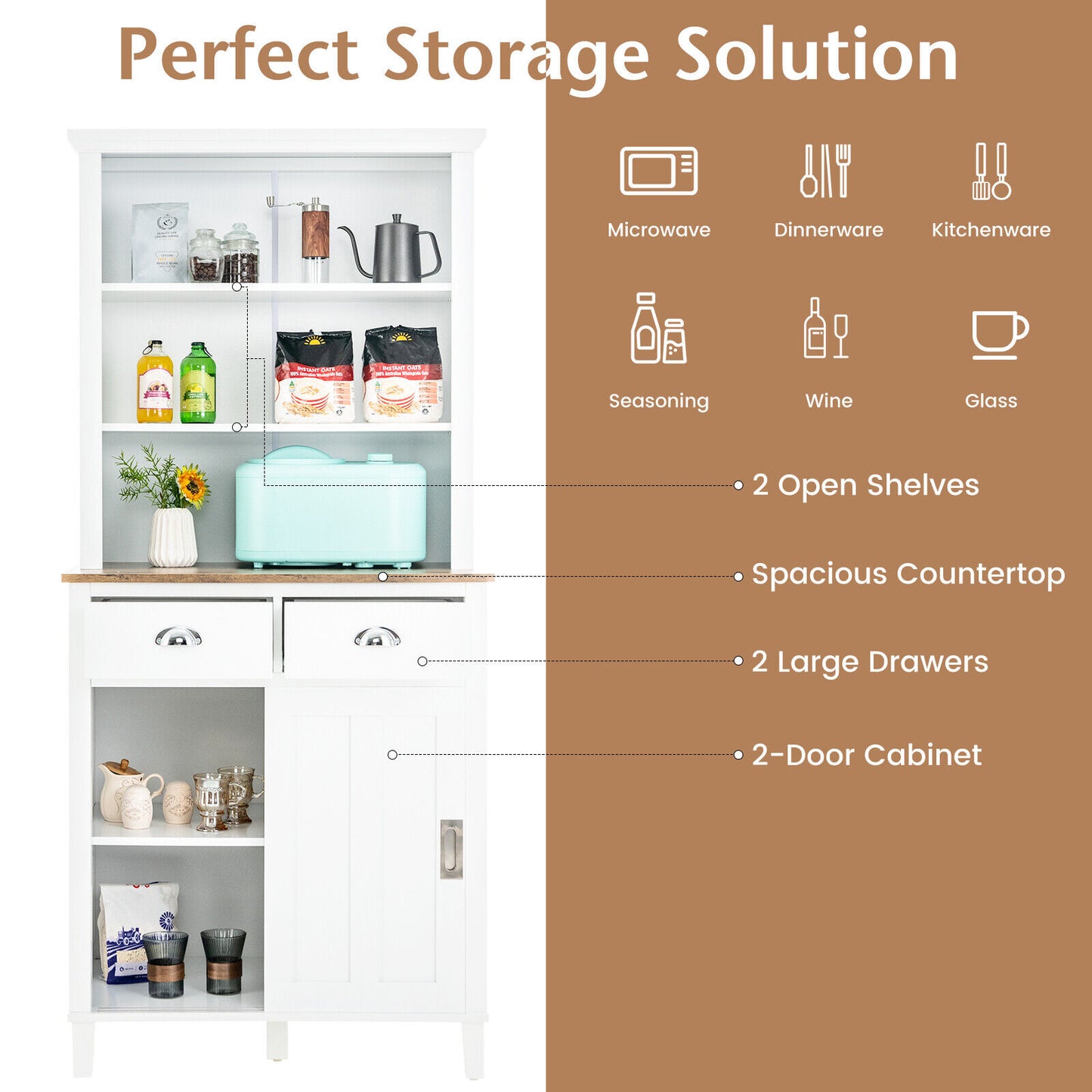 Modern Kitchen Pantry Cabinet with Hutch Storage Sliding Doors and Drawers