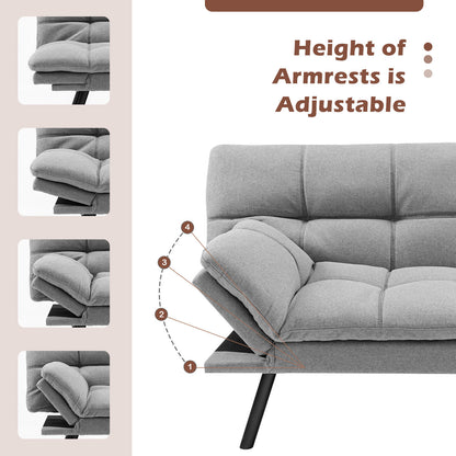 Convertible Memory Foam Futon Sofa Bed with Adjustable Armrests, Grey Upholstery