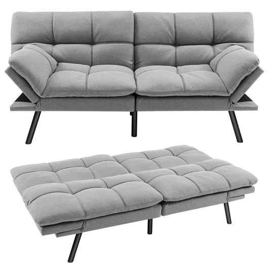 Convertible Memory Foam Futon Sofa Bed with Adjustable Armrests, Grey Upholstery