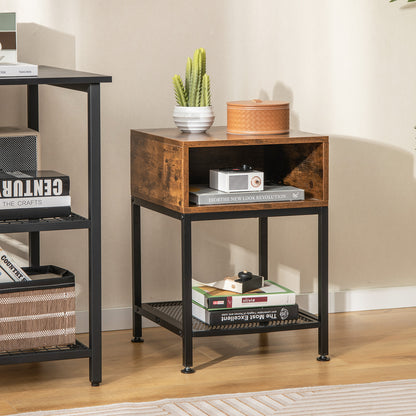Set of 2 Industrial Nightstands with Mesh Shelf and Storage Tabletop