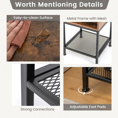 Set of 2 Industrial Nightstands with Mesh Shelf and Storage Tabletop
