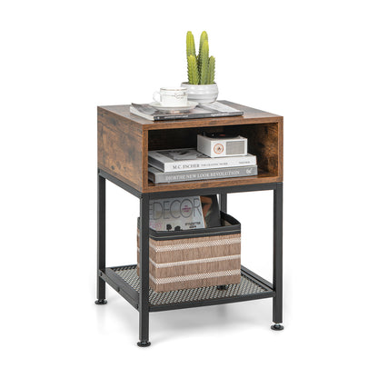 Set of 2 Industrial Nightstands with Mesh Shelf and Storage Tabletop