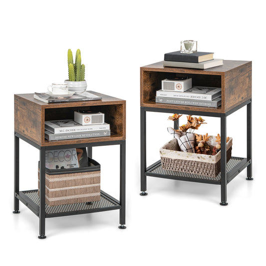 Set of 2 Industrial Nightstands with Mesh Shelf and Storage Tabletop