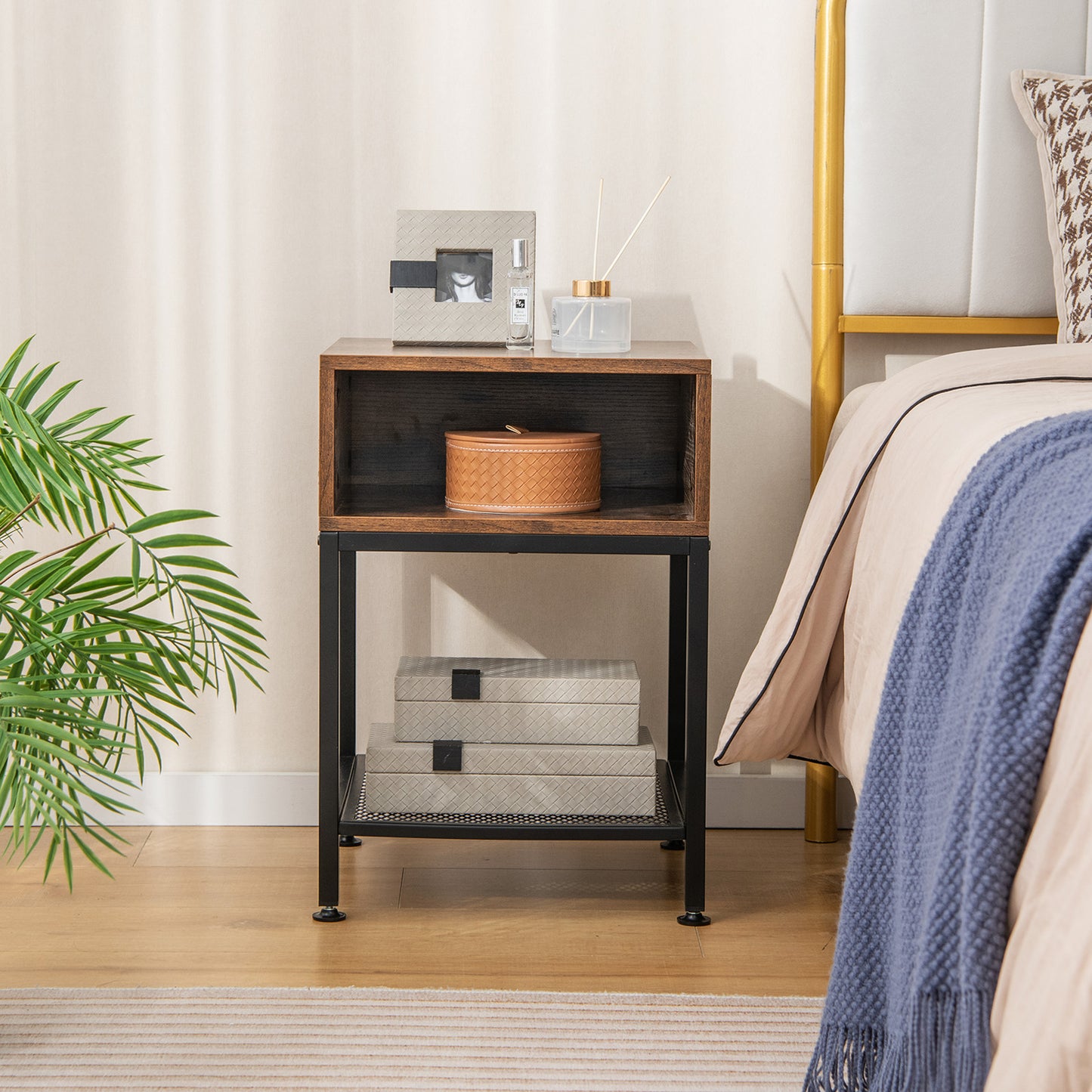 Set of 2 Industrial Nightstands with Mesh Shelf and Storage Tabletop