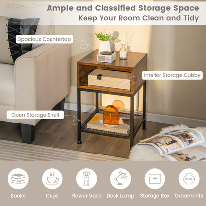 Set of 2 Industrial Nightstands with Mesh Shelf and Storage Tabletop
