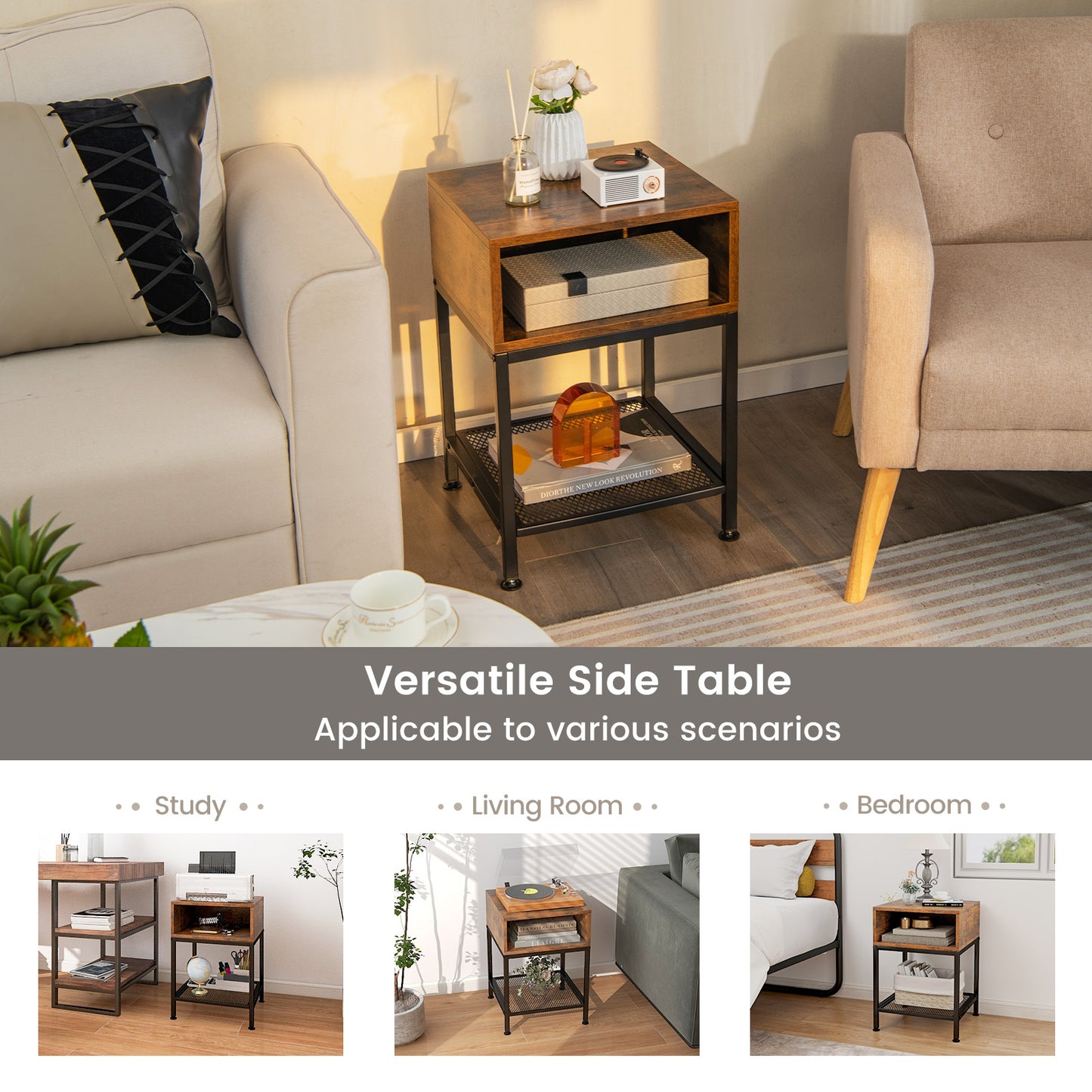 Set of 2 Industrial Nightstands with Mesh Shelf and Storage Tabletop