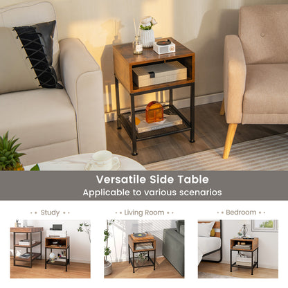Set of 2 Industrial Nightstands with Mesh Shelf and Storage Tabletop