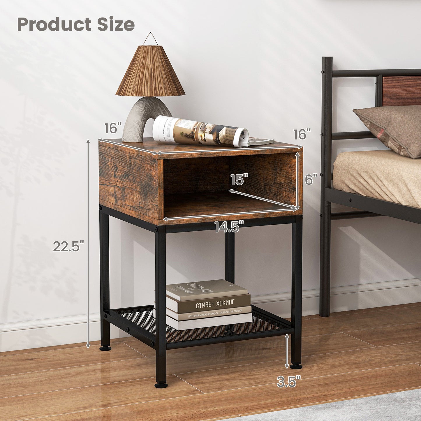 Set of 2 Industrial Nightstands with Mesh Shelf and Storage Tabletop