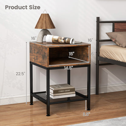 Set of 2 Industrial Nightstands with Mesh Shelf and Storage Tabletop