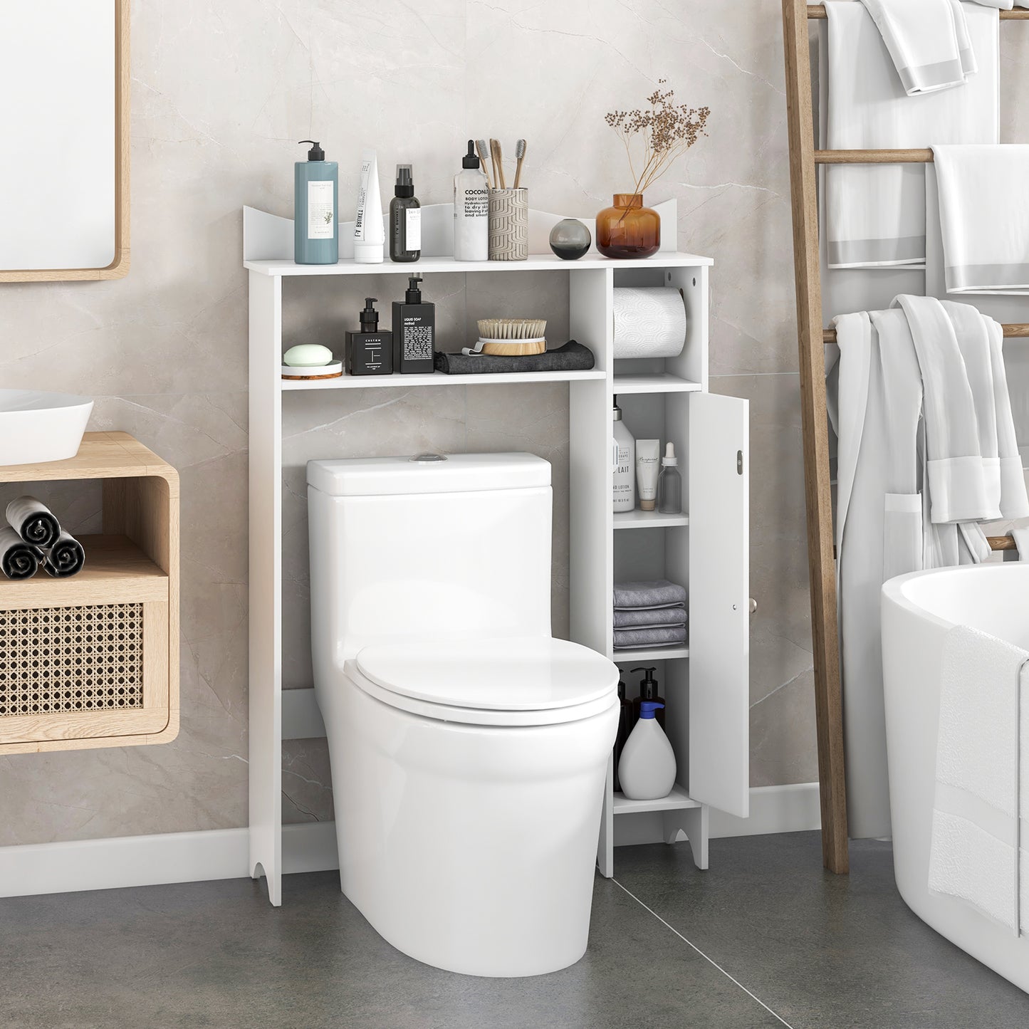 Wooden Over-the-Toilet Storage Cabinet with Adjustable Shelves & Toilet Paper Holder
