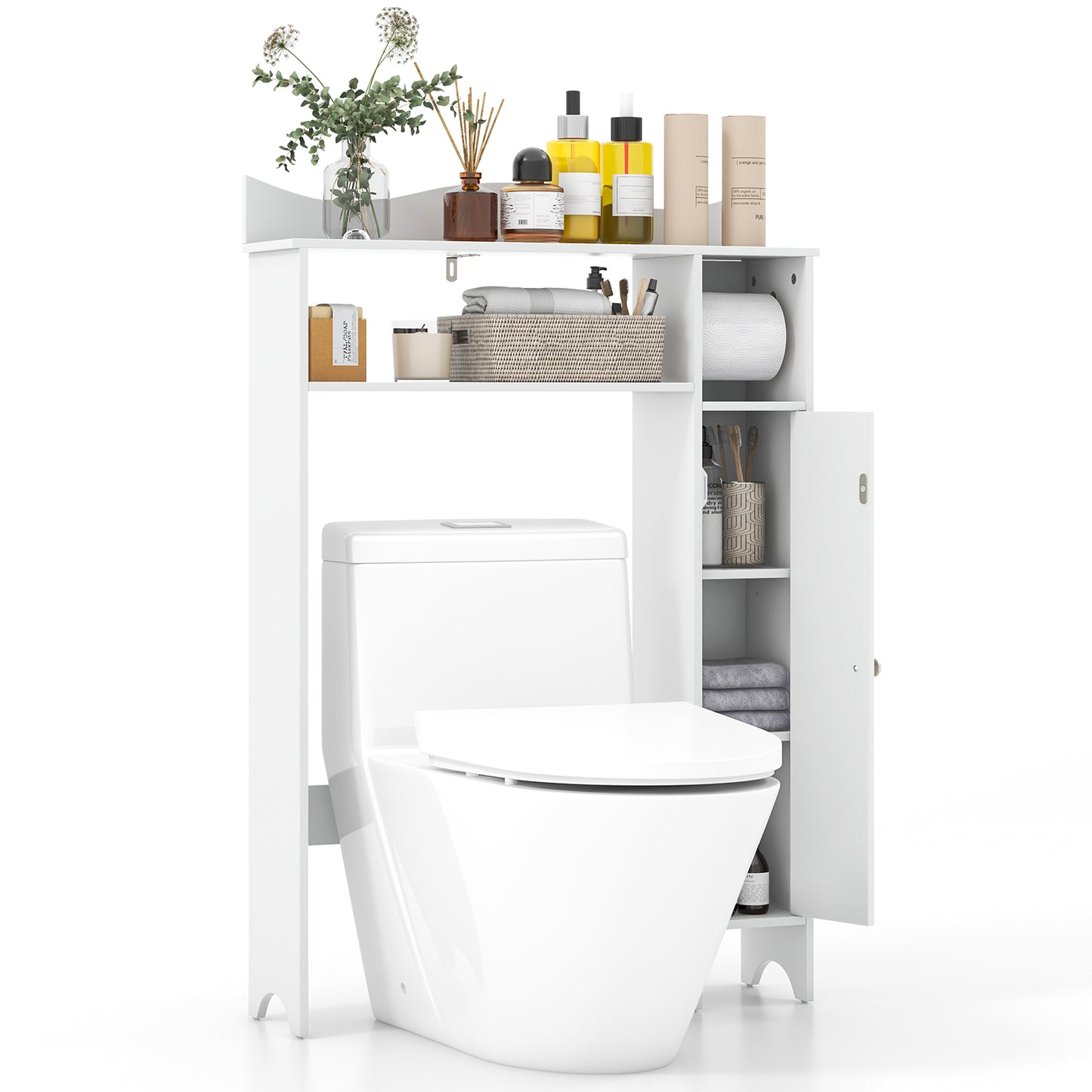 Wooden Over-the-Toilet Storage Cabinet with Adjustable Shelves & Toilet Paper Holder