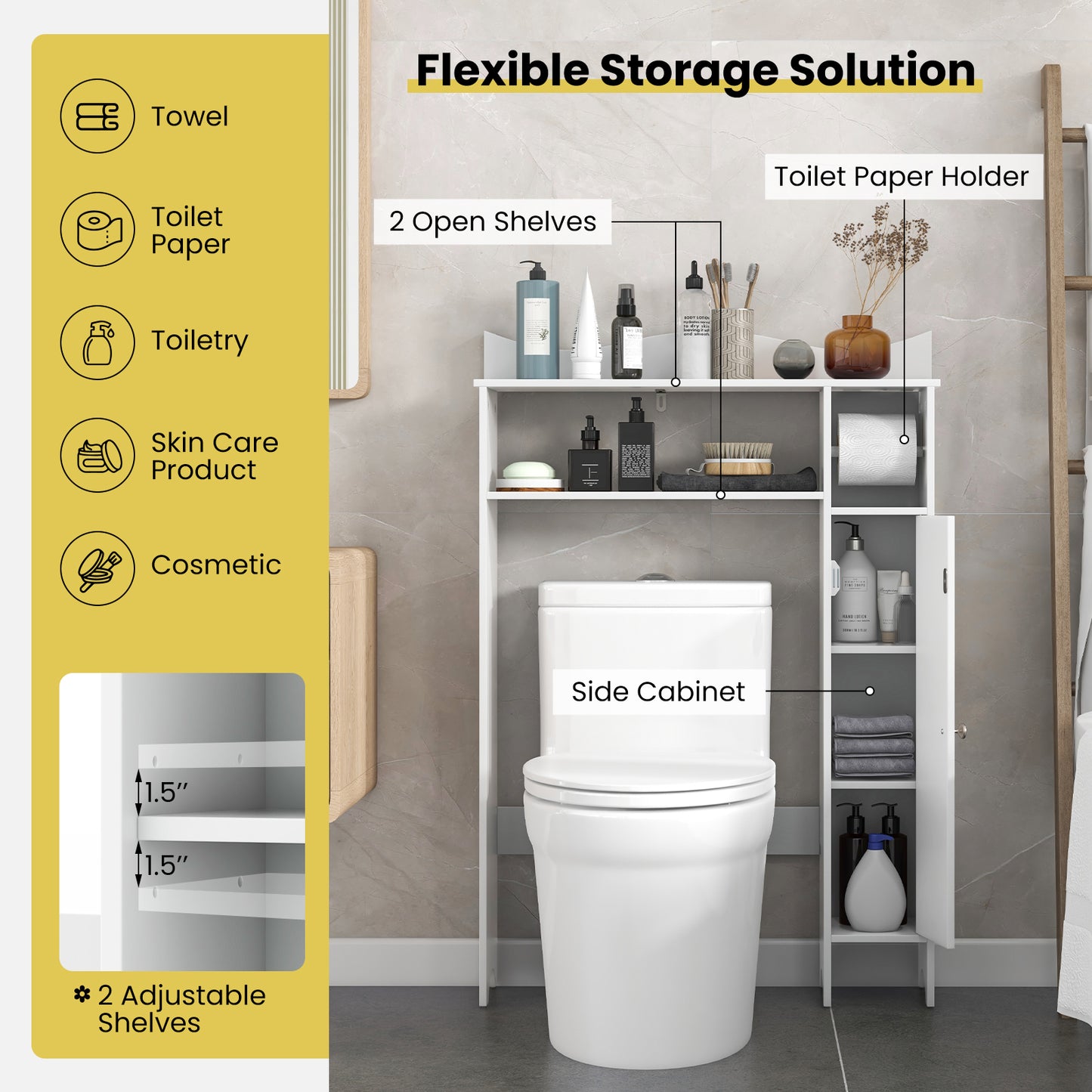 Wooden Over-the-Toilet Storage Cabinet with Adjustable Shelves & Toilet Paper Holder