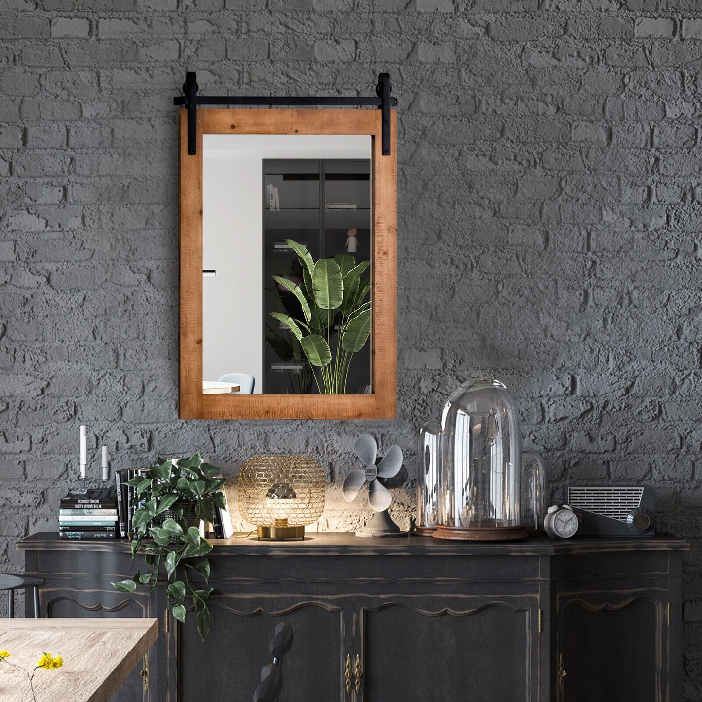 30 x 22 Inch Rustic Wall-Mounted Mirror with Solid Wood Frame and Metal Bracket - Brown
