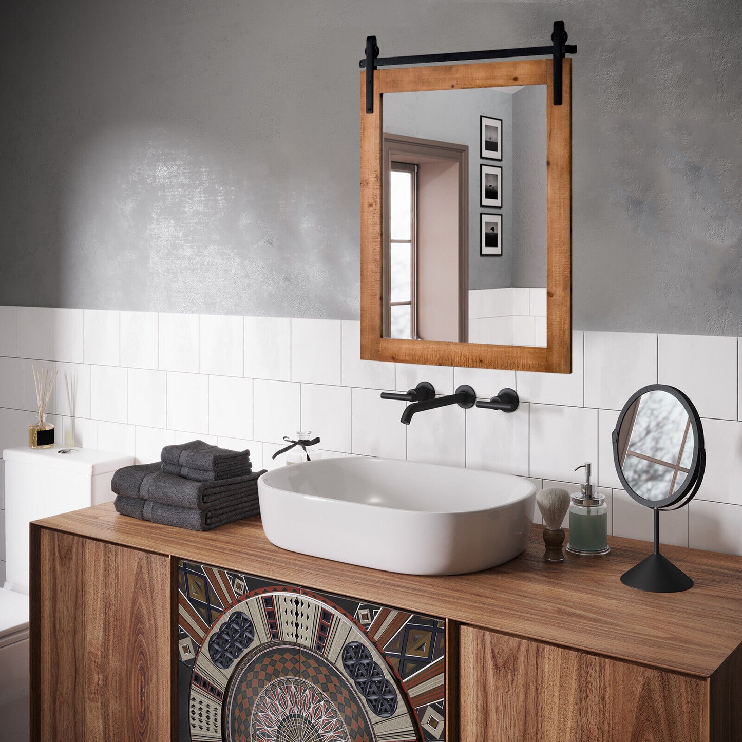 30 x 22 Inch Rustic Wall-Mounted Mirror with Solid Wood Frame and Metal Bracket - Brown