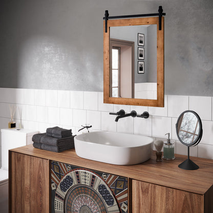 30 x 22 Inch Rustic Wall-Mounted Mirror with Solid Wood Frame and Metal Bracket - Brown