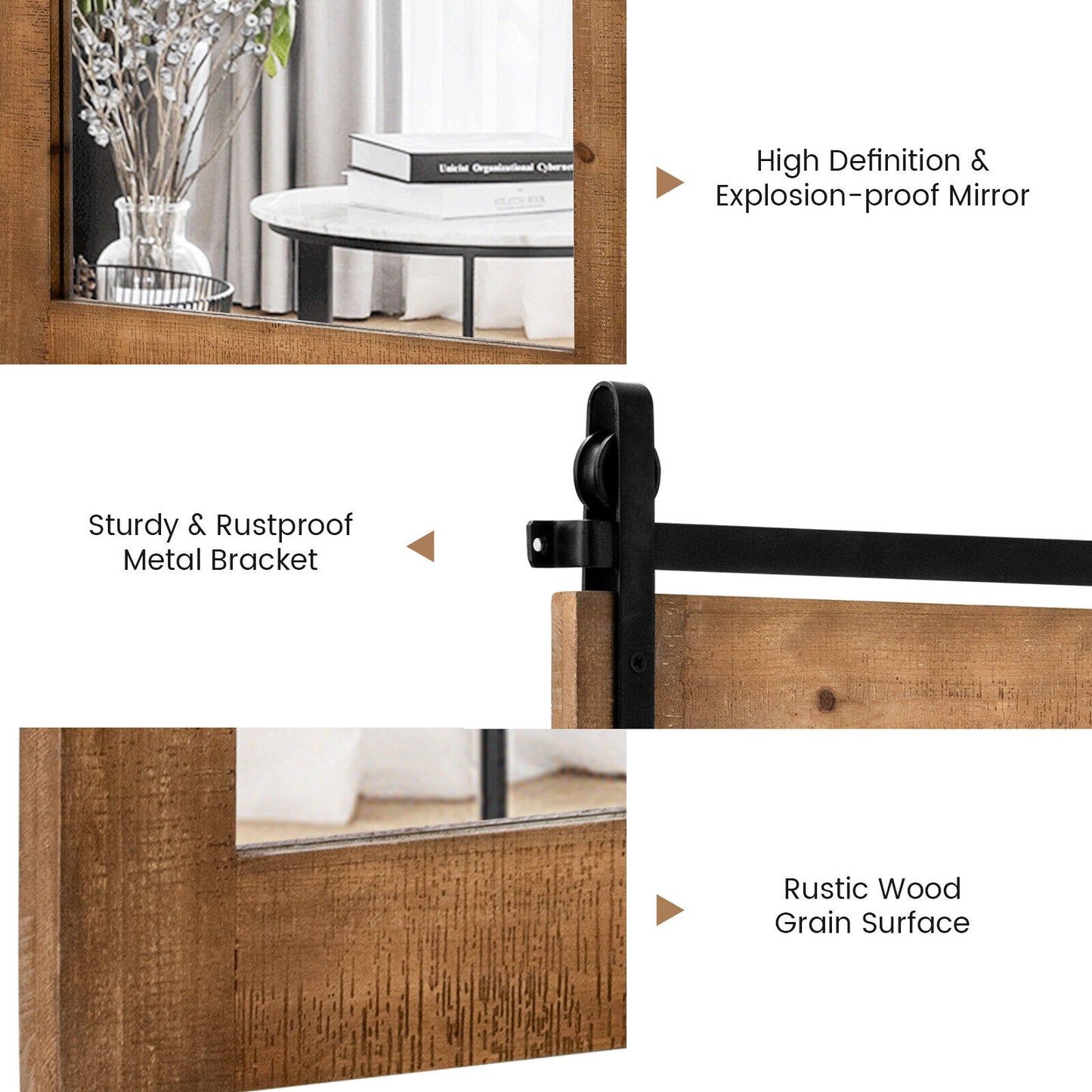 30 x 22 Inch Rustic Wall-Mounted Mirror with Solid Wood Frame and Metal Bracket - Brown