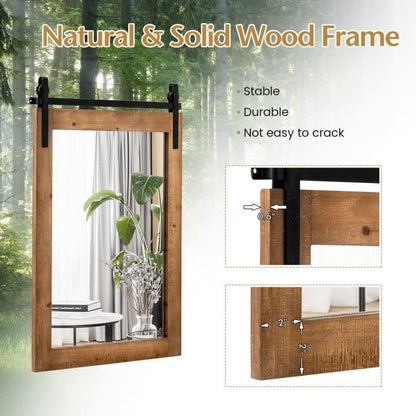 30 x 22 Inch Rustic Wall-Mounted Mirror with Solid Wood Frame and Metal Bracket - Brown