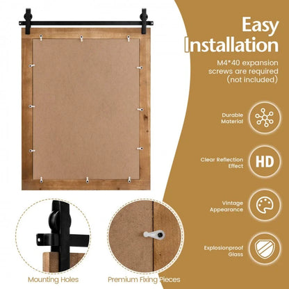 30 x 22 Inch Rustic Wall-Mounted Mirror with Solid Wood Frame and Metal Bracket - Brown