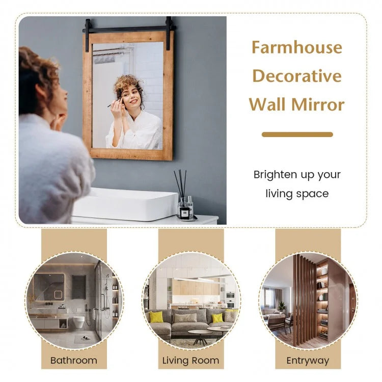 30 x 22 Inch Rustic Wall-Mounted Mirror with Solid Wood Frame and Metal Bracket - Brown