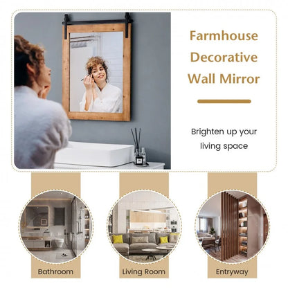 30 x 22 Inch Rustic Wall-Mounted Mirror with Solid Wood Frame and Metal Bracket - Brown