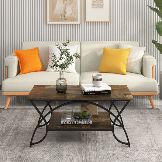 Modern 2 Tier Faux Marble Coffee Table with Metal Frame – Dark Brown