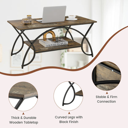 Modern 2 Tier Faux Marble Coffee Table with Metal Frame – Dark Brown