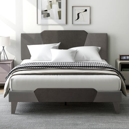 Modern Velvet Upholstered Bed Frame with High Headboard – Queen Size