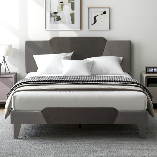 Modern Velvet Upholstered Bed Frame with High Headboard – Queen Size