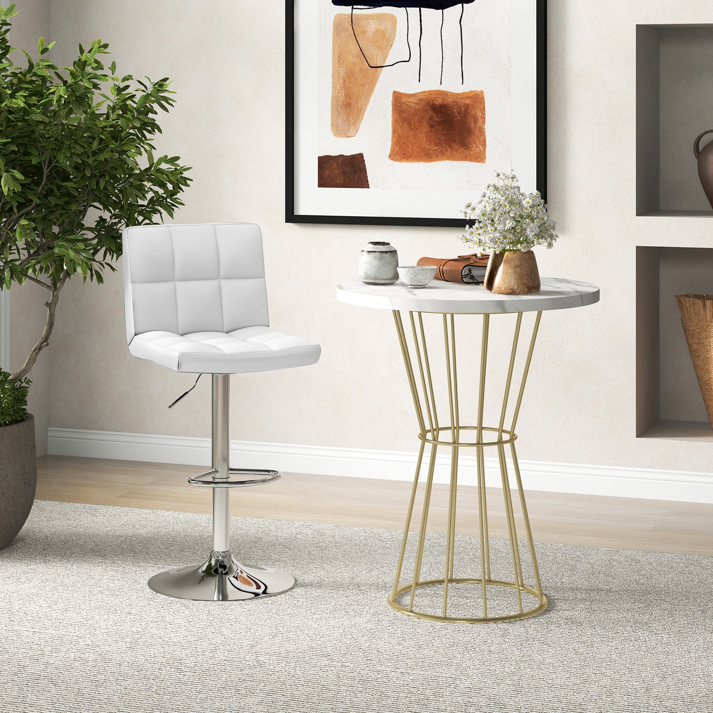 Ergonomic Swivel Bar Stool with Adjustable Height and PU Leather Cushion - White