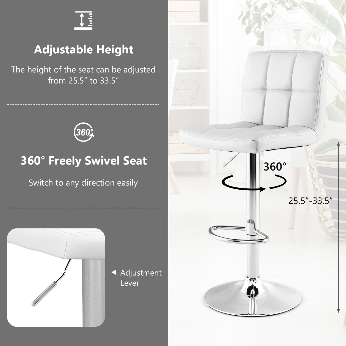 Ergonomic Swivel Bar Stool with Adjustable Height and PU Leather Cushion - White