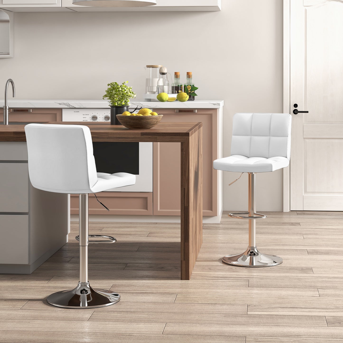 Ergonomic Swivel Bar Stool with Adjustable Height and PU Leather Cushion - White