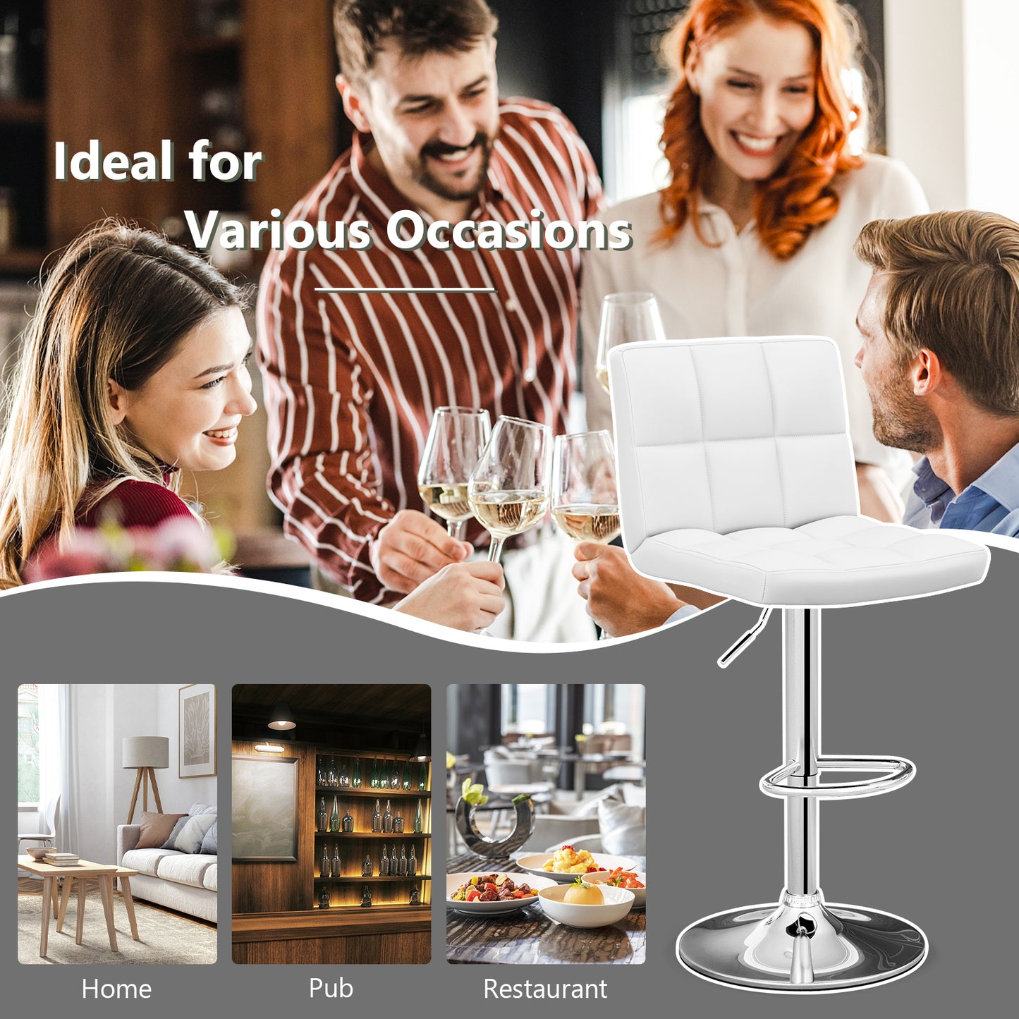 Ergonomic Swivel Bar Stool with Adjustable Height and PU Leather Cushion - White