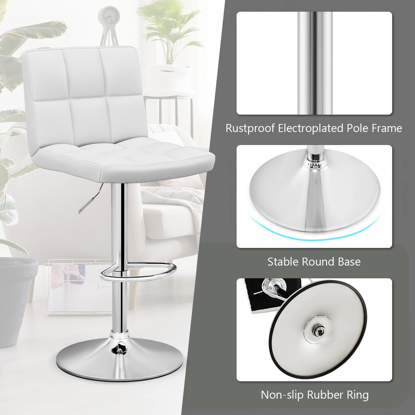 Ergonomic Swivel Bar Stool with Adjustable Height and PU Leather Cushion - White