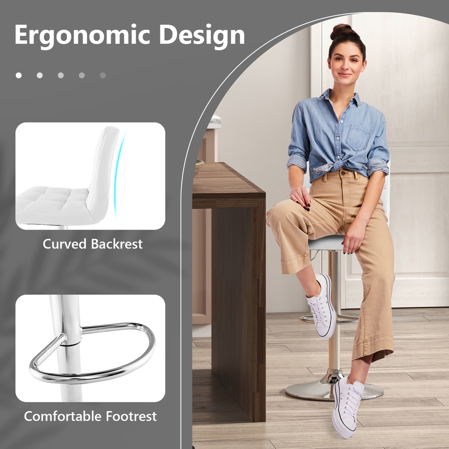 Ergonomic Swivel Bar Stool with Adjustable Height and PU Leather Cushion - White