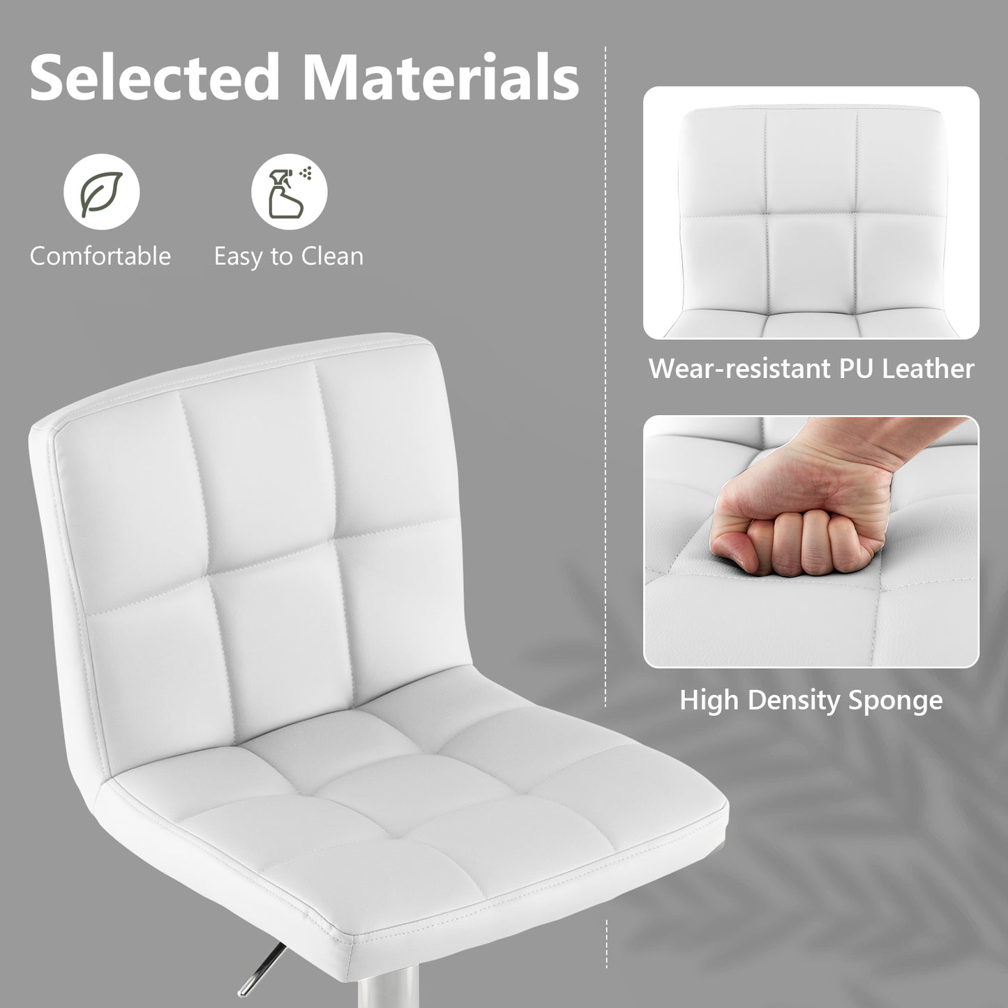 Ergonomic Swivel Bar Stool with Adjustable Height and PU Leather Cushion - White
