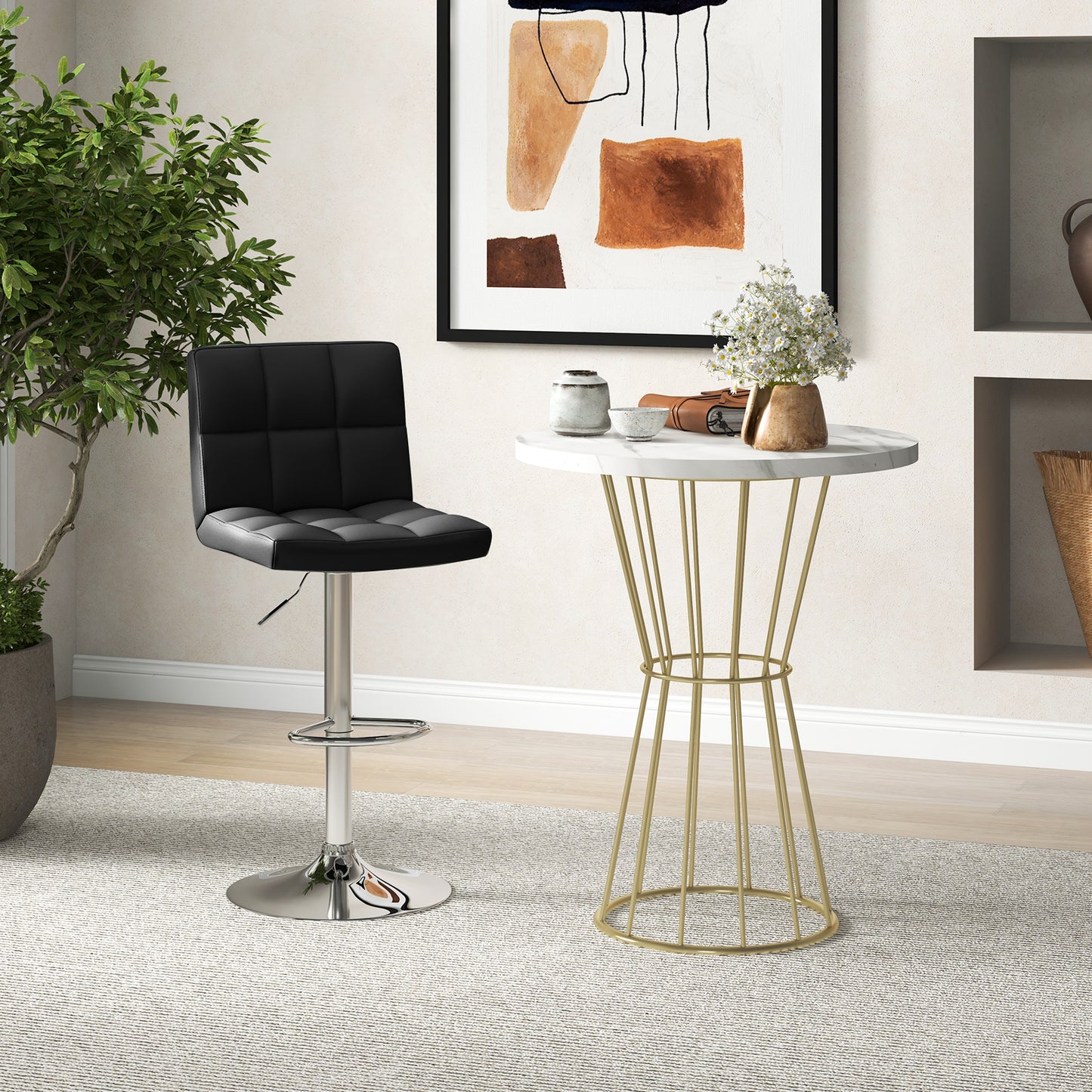 Ergonomic Swivel Bar Stool with Adjustable Height and PU Leather Cushion - Black