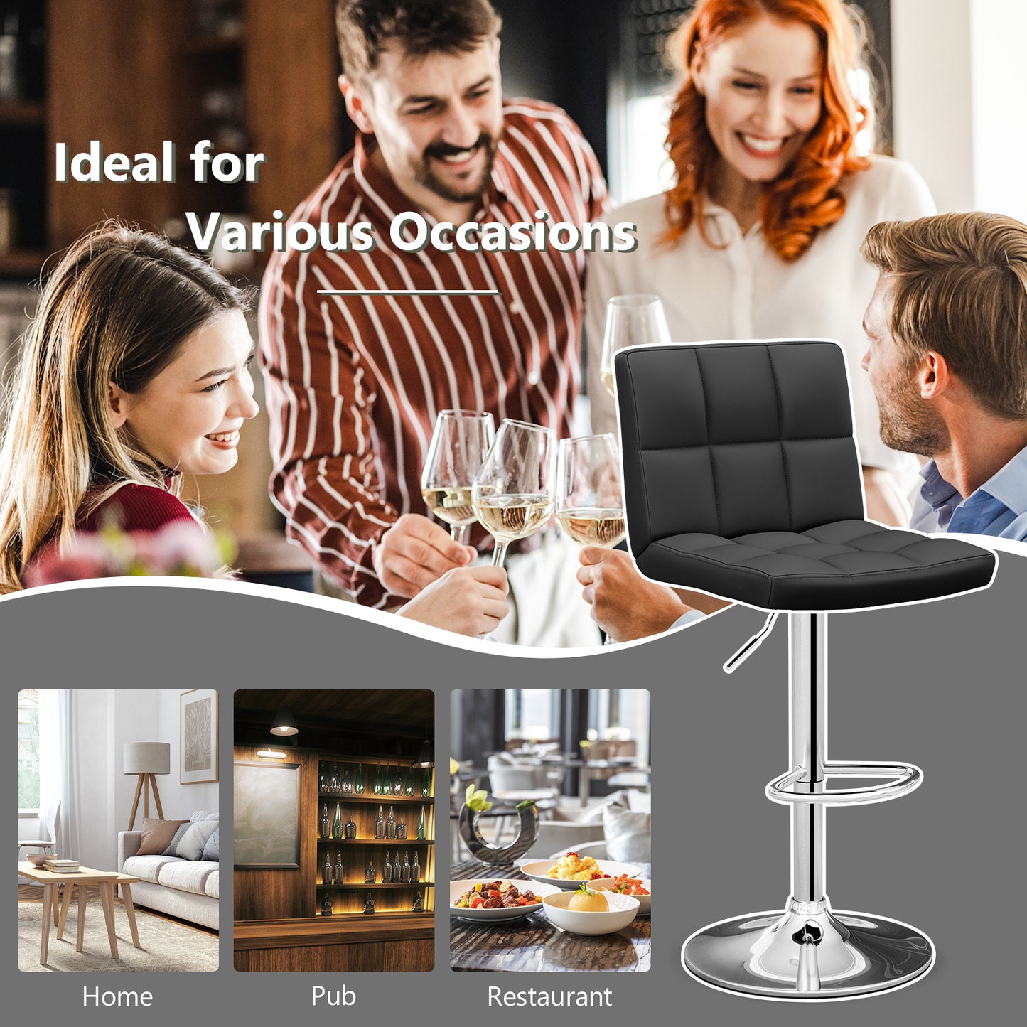 Ergonomic Swivel Bar Stool with Adjustable Height and PU Leather Cushion - Black