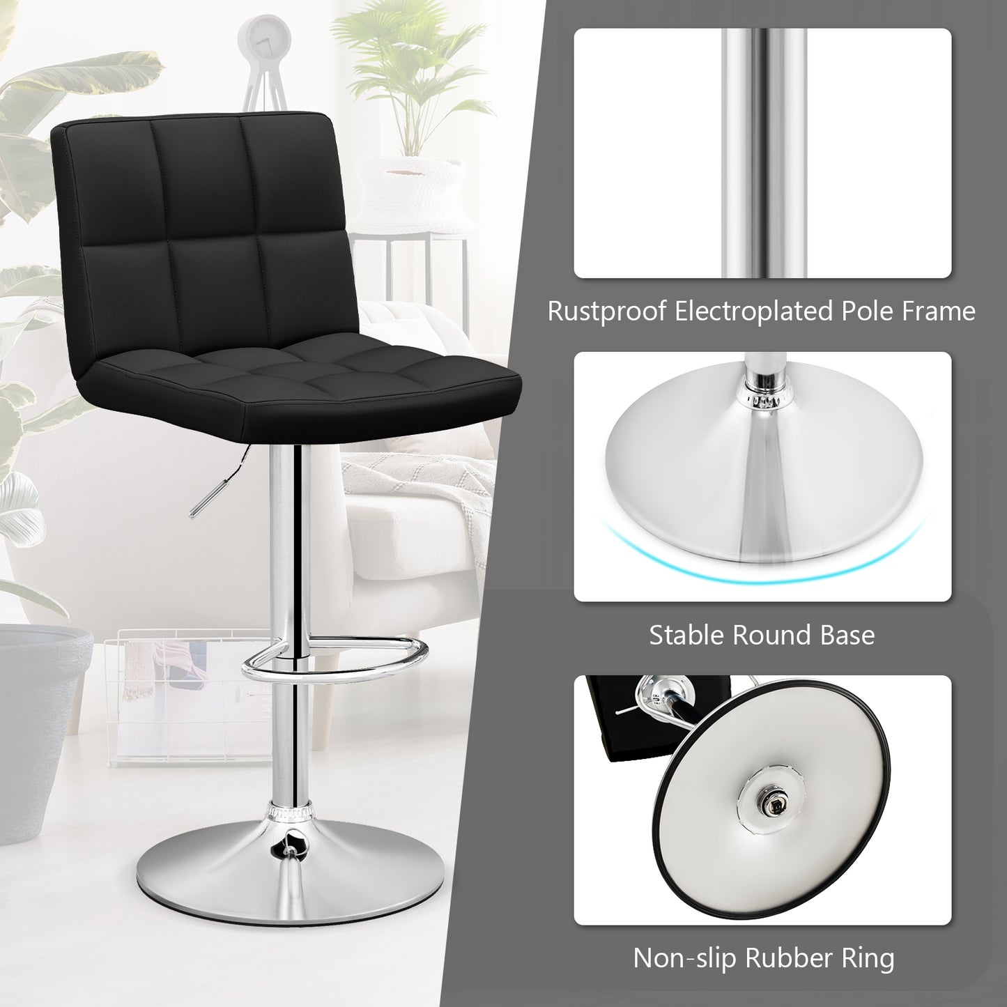 Ergonomic Swivel Bar Stool with Adjustable Height and PU Leather Cushion - Black