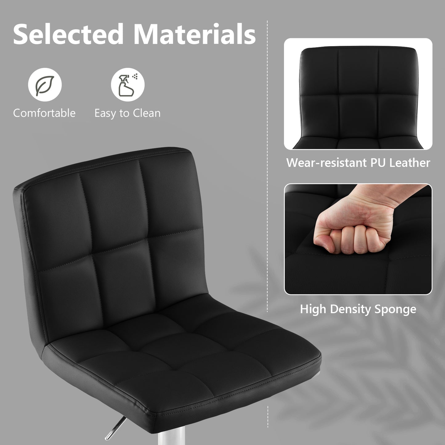 Ergonomic Swivel Bar Stool with Adjustable Height and PU Leather Cushion - Black