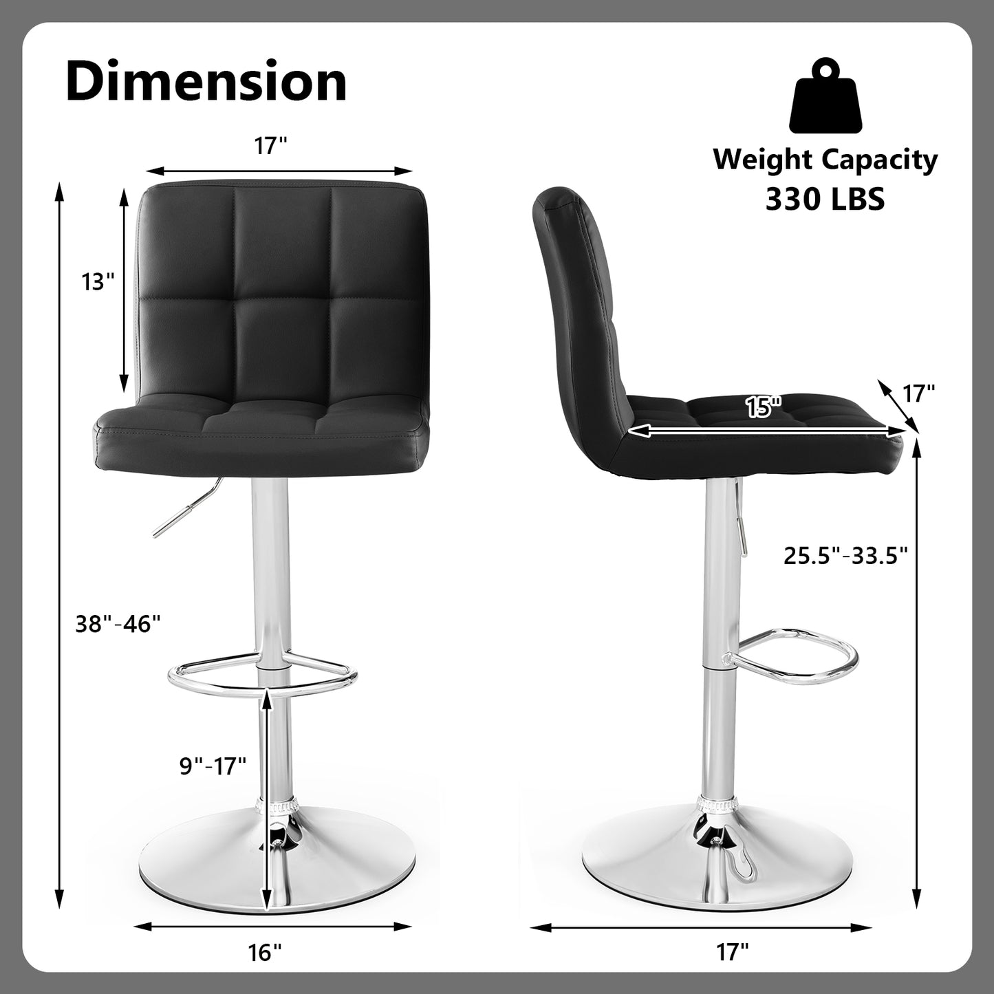 Ergonomic Swivel Bar Stool with Adjustable Height and PU Leather Cushion - Black