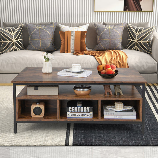 3 Tier Coffee Table with Open Storage Shelves, Rustic Industrial Design and Sturdy Metal Frame