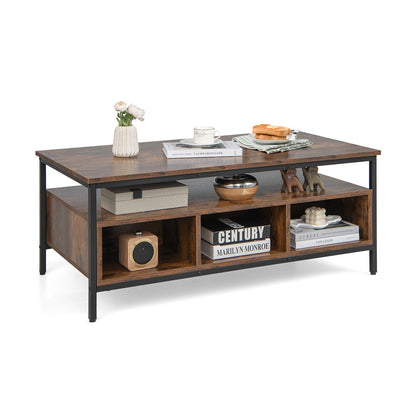 3 Tier Coffee Table with Open Storage Shelves, Rustic Industrial Design and Sturdy Metal Frame