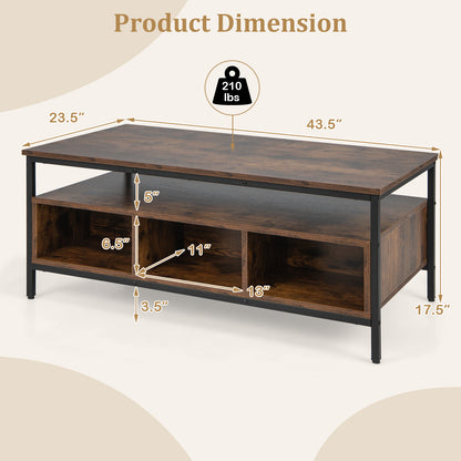 3 Tier Coffee Table with Open Storage Shelves, Rustic Industrial Design and Sturdy Metal Frame