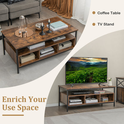 3 Tier Coffee Table with Open Storage Shelves, Rustic Industrial Design and Sturdy Metal Frame